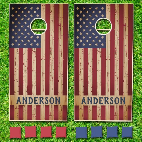 American Flag Family Name Rustic Wood  Cornhole Set
