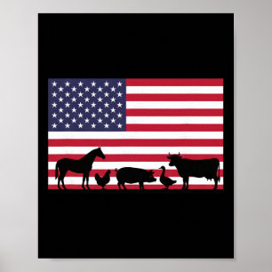 American Flag Farm Animals Horse Cow Pig Chicken P Poster