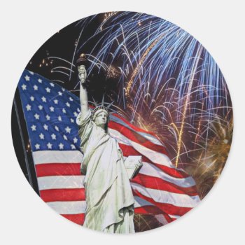 American Flag  Fireworks And Statue Of Liberty Classic Round Sticker by 4westies at Zazzle