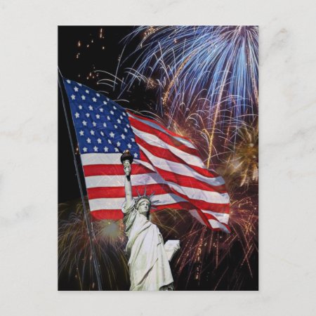 American Flag, Fireworks And Status Of Liberty Postcard