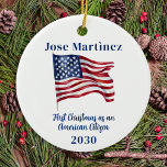American Flag First Christmas Custom New Citizen Ceramic Ornament<br><div class="desc">Introducing our American Flag ornament, a perfect way to celebrate your first Christmas as an American citizen! This ornament features the iconic red, white, and blue colors of the Stars and Stripes, making it a great way to show off your patriotic pride. The ornament also includes space for you to...</div>