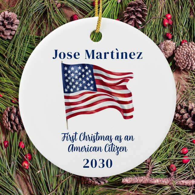 American Flag First Christmas Custom New Citizen Ceramic Ornament (Creator Uploaded)