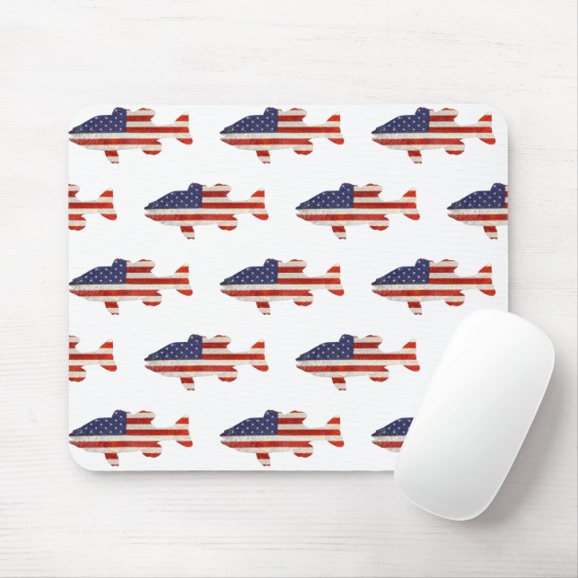 American Flag Fish On White Mouse Pad (With Mouse)