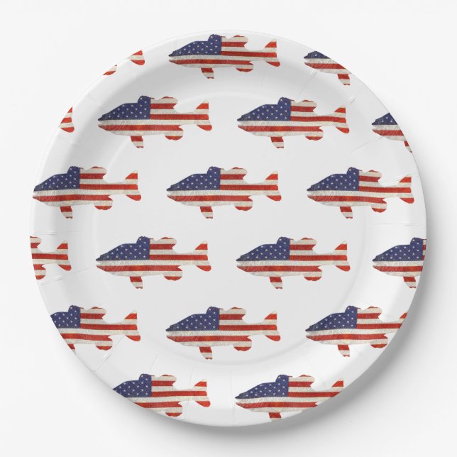 American Flag Fish On White Paper Plates (Front)