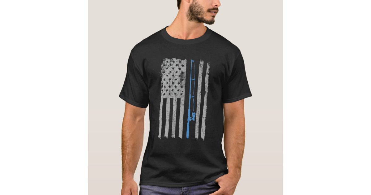 American Flag Fishing Rod Blue Line Vintage Fisher T-Shirt