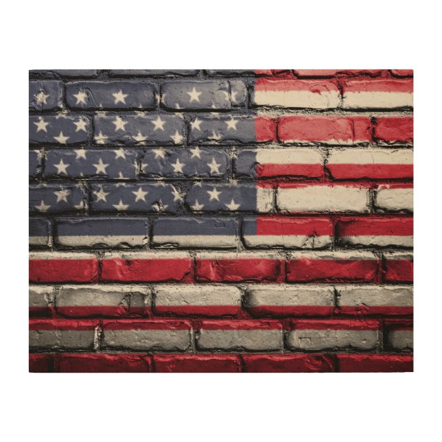 American Flag, Flag on Bricks Wood Wall Art (Front)