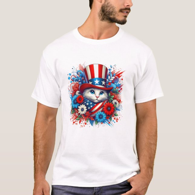 American Flag Flower Cat T-Shirt (Front)