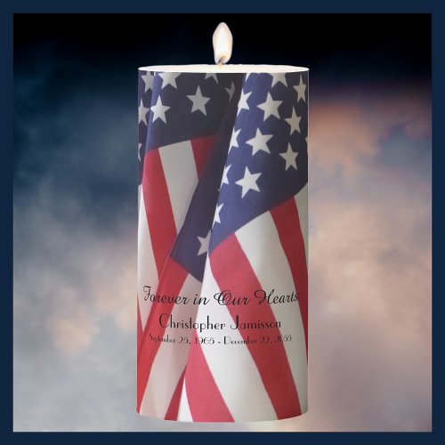 American Flag Forever in Our Heart Name Memorial Pillar Candle