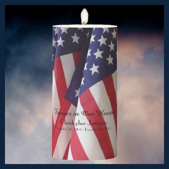 American Flag Forever in Our Heart, Name, Memorial Pillar Candle (Creator Uploaded)