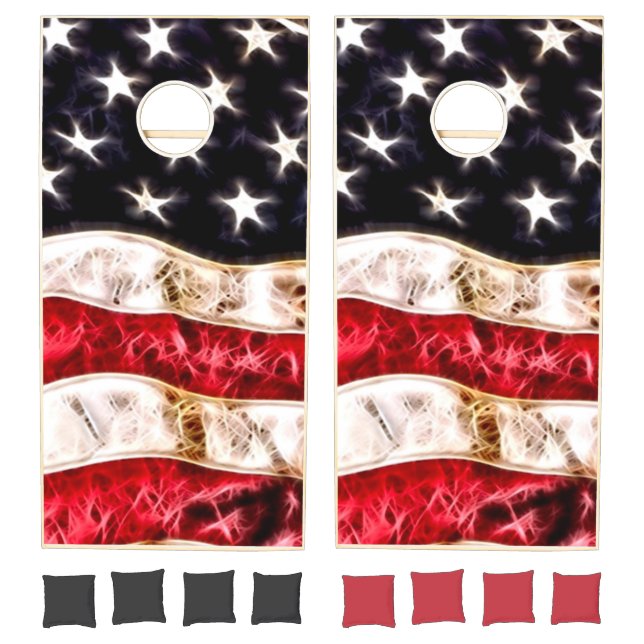 American Flag Fractal Custom Black Cornhole Set (Set)