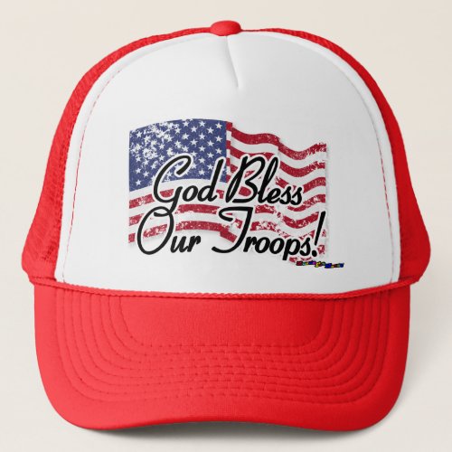 American Flag _ God Bless Our Troops _ distressed Trucker Hat