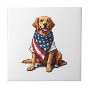 American Flag Golden Retriever Engraved Dog Lover  Ceramic Tile
