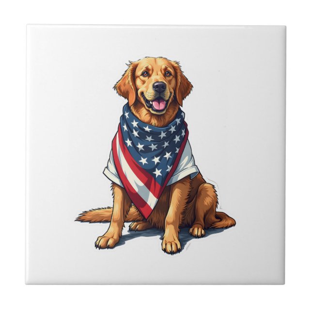 American Flag Golden Retriever Engraved Dog Lover  Ceramic Tile (Front)