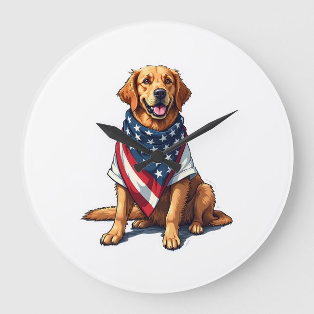 American Flag Golden Retriever Engraved Dog Lover  Large Clock (Front)
