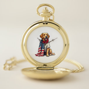 American Flag Golden Retriever Engraved Dog Lover  Pocket Watch