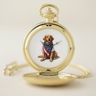 American Flag Golden Retriever Engraved Dog Lover  Pocket Watch