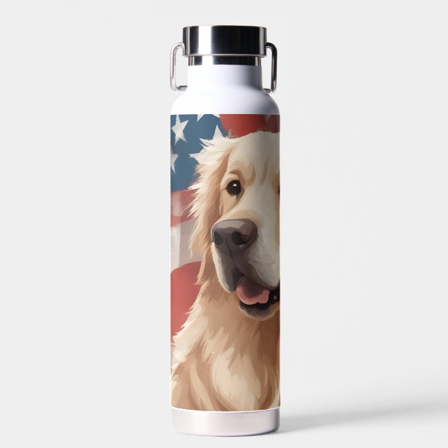 American Flag Golden Retriever Water Bottle (Front)
