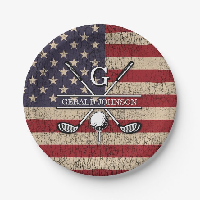 American Flag Golf Monogram Design Paper Plates (Front)