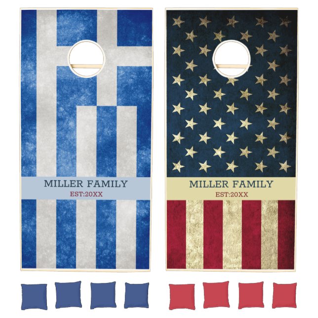American Flag Greek Flag Family Name Rustic Cornhole Set (Set)