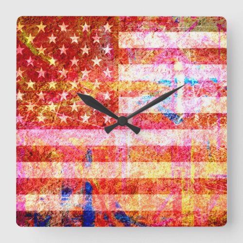 American Flag Grunge Art 2 Square Wall Clock