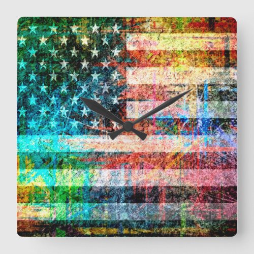 American Flag Grunge Art 3 Square Wall Clock