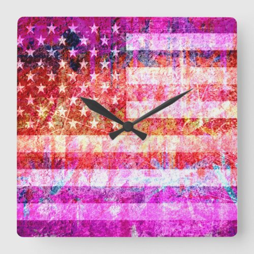 American Flag Grunge Art 4 Square Wall Clock