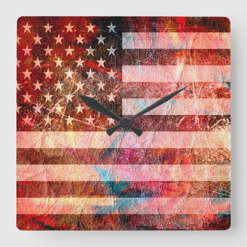 American Flag Grunge Art 5 Square Wall Clock