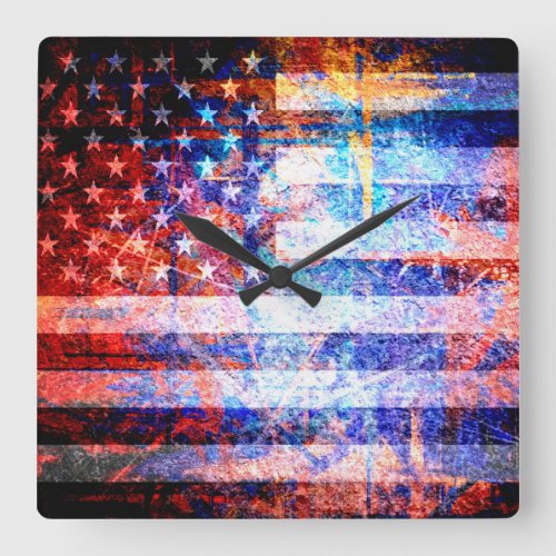 American Flag Grunge Art Square Wall Clock