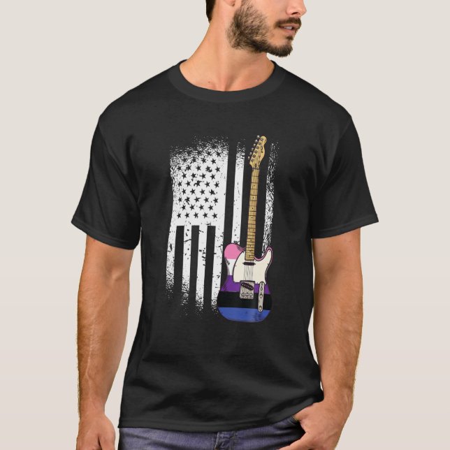 American Flag Guitar Gender-Fluid Pride LGBTQ Ally T-Shirt (Front)