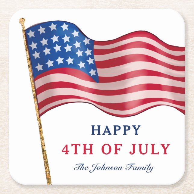  American Flag Happy 4th of July Square Paper Coaster (Front)