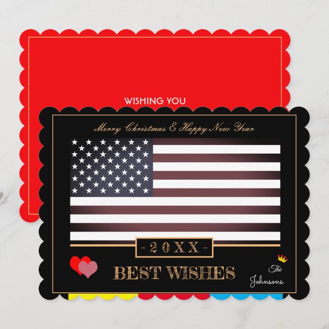 American Flag & Happy New Year /Best Wishes USA Holiday Card (Front/Back)