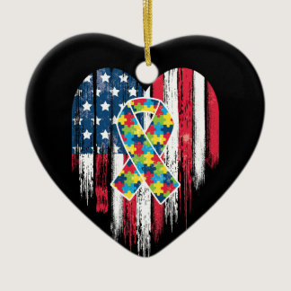 American Flag Heart Autism Awareness Ceramic Ornament