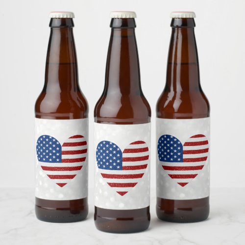 American Flag Heart July 4th Glitter Beer Bottle Label