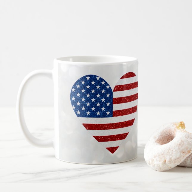 American Flag Heart July 4th Glitter Coffee Mug (With Donut)