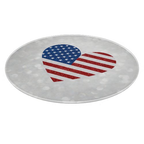 American Flag Heart July 4th Glitter Cutting Board