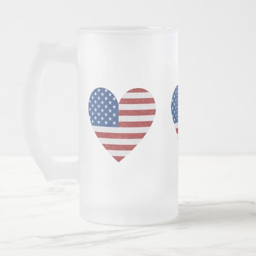 American Flag Heart July 4th Glitter Frosted Glass Beer Mug