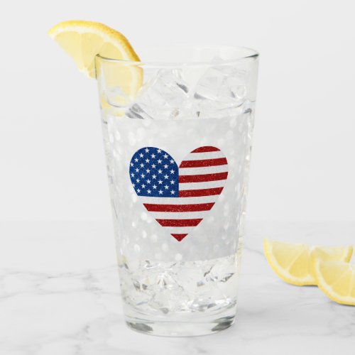 American Flag Heart July 4th Glitter Glass