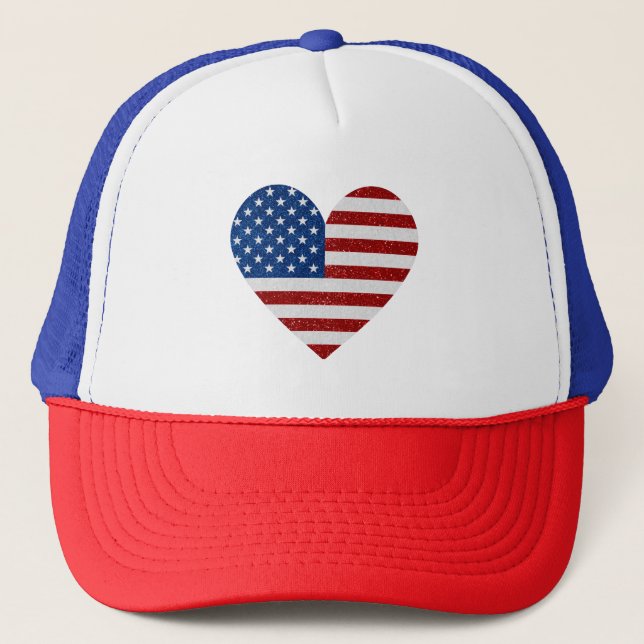 American Flag Heart July 4th Glitter Trucker Hat (Front)