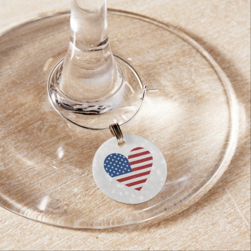 American Flag Heart July 4th Glitter Wine Charm