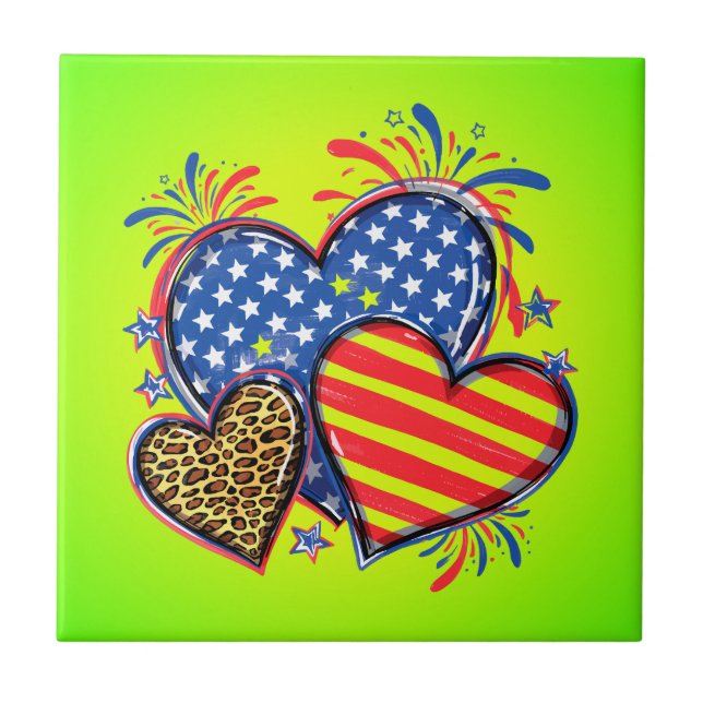 American Flag Heart Leopard Sublimation Ceramic Tile (Front)