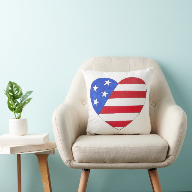 American Flag Heart USA Patriotic Stars Stripes Throw Pillow (Chair)