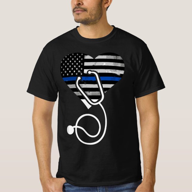 American Flag Heart with Police Thin Blue Line Nur T-Shirt (Front)