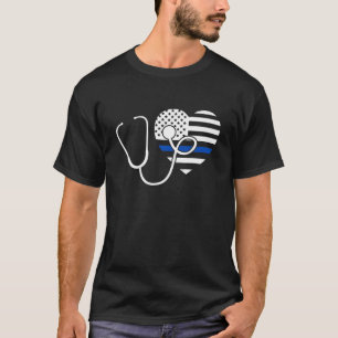 American Flag Heart With Police Thin Blue Line Nur T-Shirt