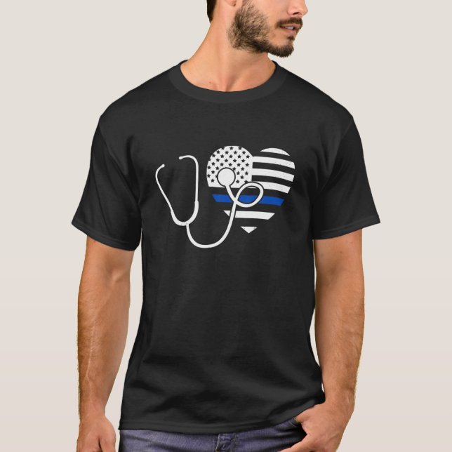 American Flag Heart With Police Thin Blue Line Nur T-Shirt (Front)