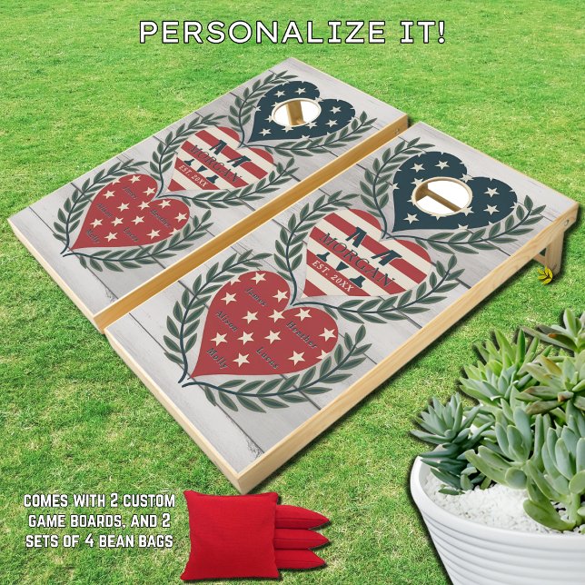 American Flag Hearts Family Monogram + Names  Cornhole Set (Creator Uploaded)