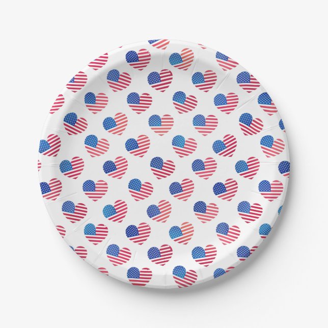 American Flag Hearts Red White Blue Stars Stripes  Paper Plates (Front)