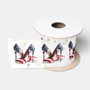 American Flag High Heel Shoes on Stars Satin Ribbon