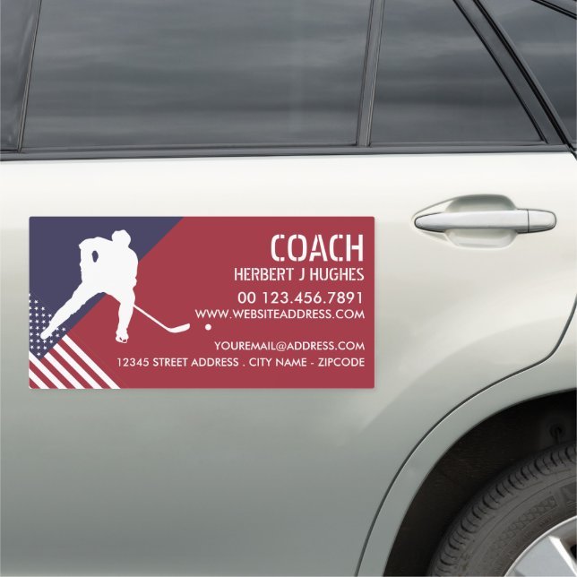 American Flag, Hockey Player, Hockey Coach Car Magnet (In Situ)