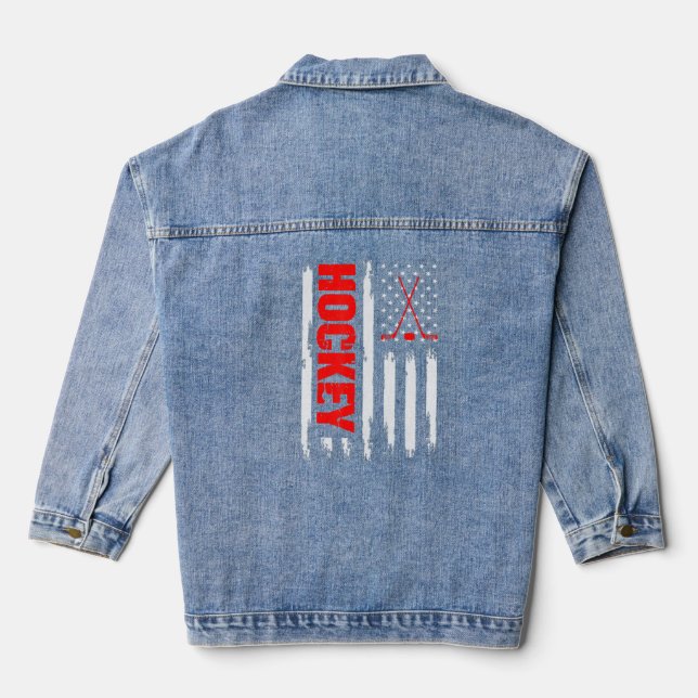 American Flag Hockey Usa Patriotic Sport Games Lov Denim Jacket (Back)