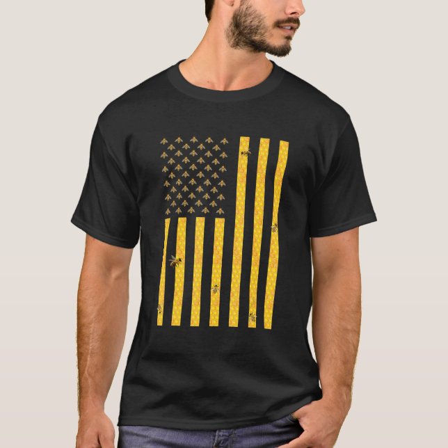 American Flag Honeycomb Honey Bee Beekeeping Beeke T-Shirt (Front)